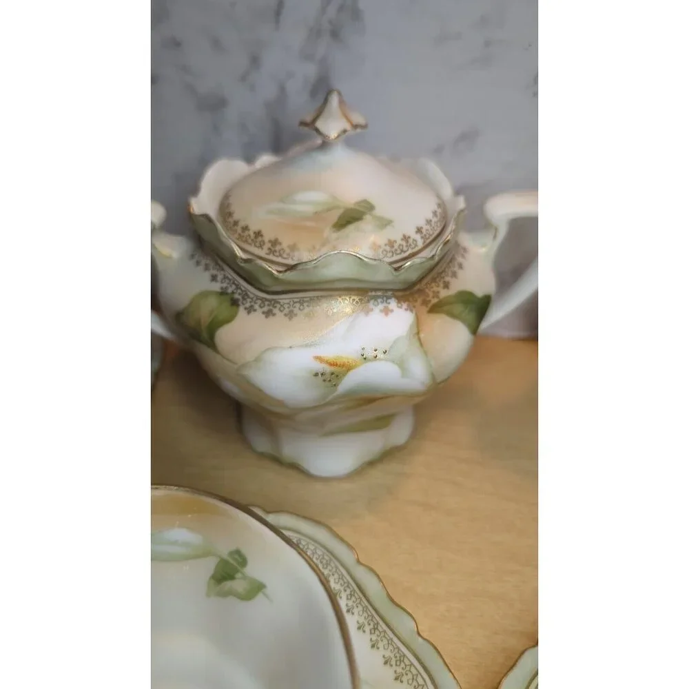 Antique RS Germany/Prussia Sugar Bowl Creamer 6 cups & 6‎ saucers Calla Lily